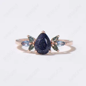 1.25ct Pear Shaped Blue Sandstone Engagement Ring 7 Stone Moss Agate Cluster Wedding Ring Rose Gold Blue Goldstone Promise Ring