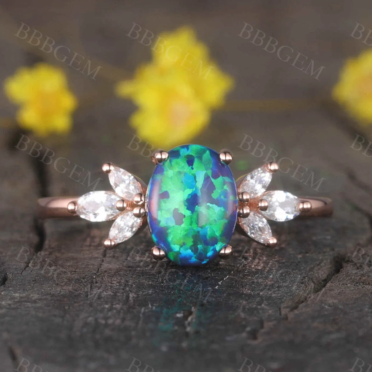 14K/18K  Vintage Black Opal Engagement Ring Moissanite Art Deco Band Promise Jewelry