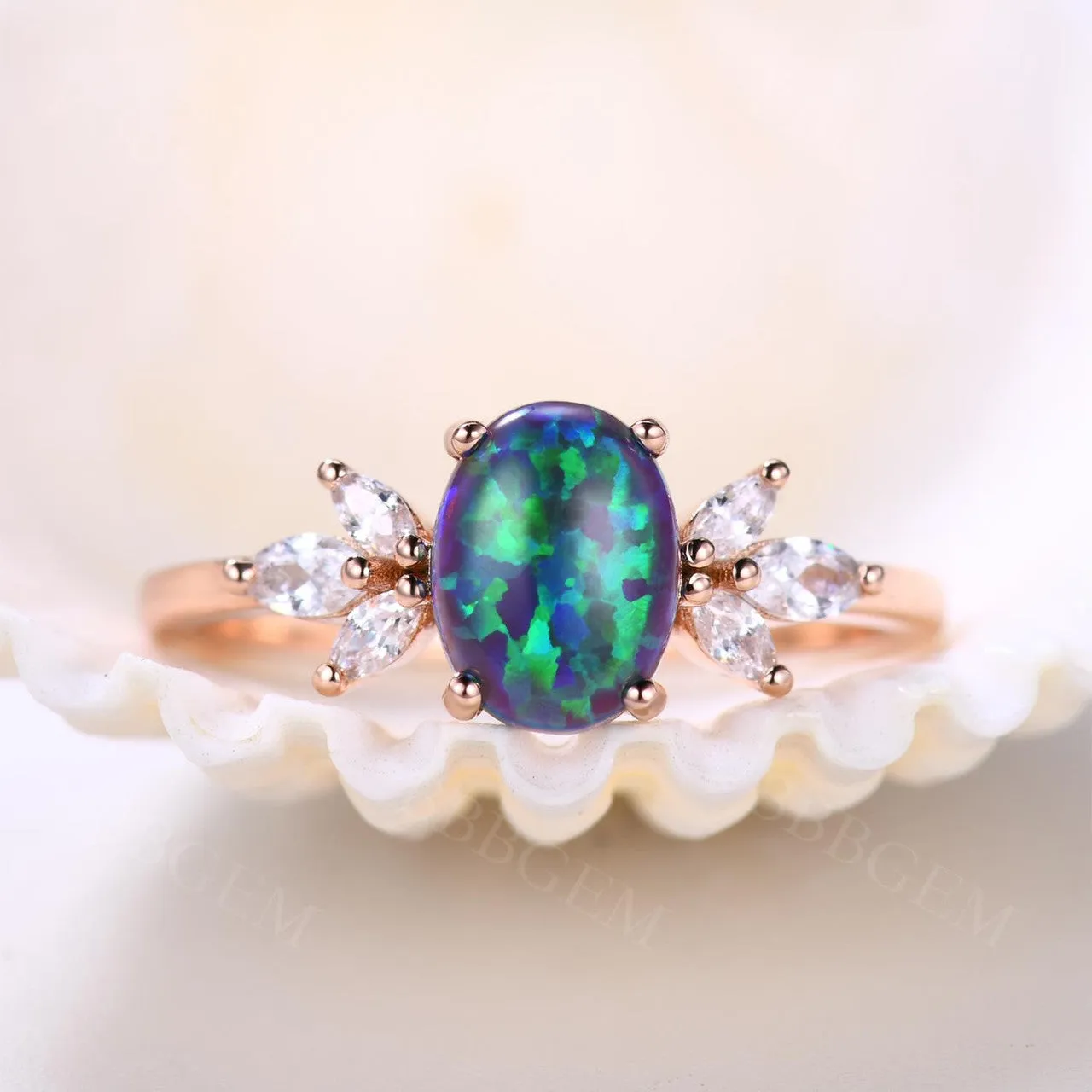 14K/18K  Vintage Black Opal Engagement Ring Moissanite Art Deco Band Promise Jewelry