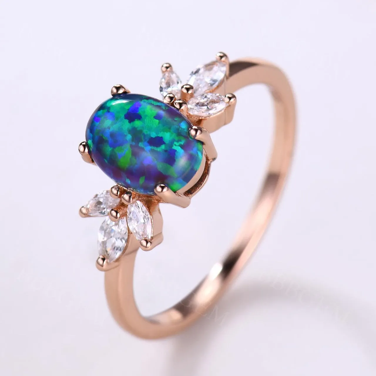 14K/18K  Vintage Black Opal Engagement Ring Moissanite Art Deco Band Promise Jewelry