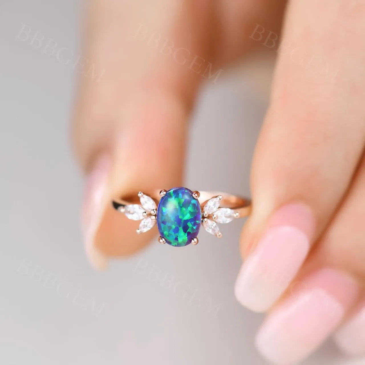 14K/18K  Vintage Black Opal Engagement Ring Moissanite Art Deco Band Promise Jewelry