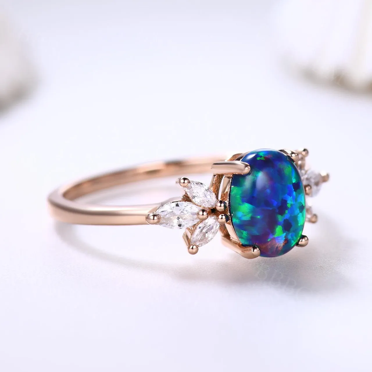 14K/18K  Vintage Black Opal Engagement Ring Moissanite Art Deco Band Promise Jewelry