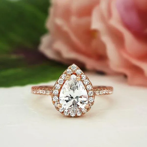 1.5 ctw Pear Halo Ring - Rose GP