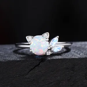 1ct Round White Opal Cat Engagement Ring Unique Marquise Moonstone Ring 14k Rose Gold Cat Ring October Birthstone Jewelry Gift for Daughter