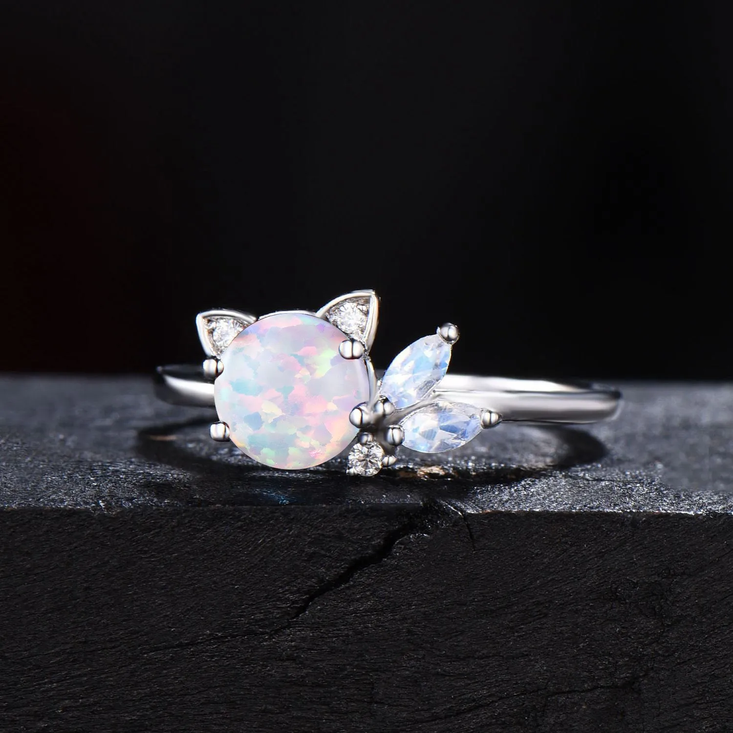 1ct Round White Opal Cat Engagement Ring Unique Marquise Moonstone Ring 14k Rose Gold Cat Ring October Birthstone Jewelry Gift for Daughter