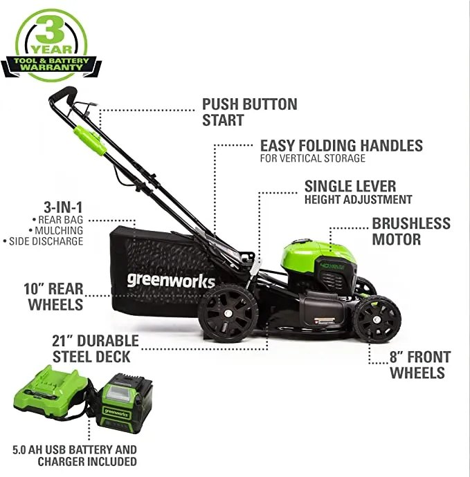 40V 21" Cordless Battery Brushless Push Lawn Mower w/ 5.0Ah USB Battery & Charger