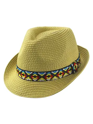 Beige Woven Straw Fedora Hat With Aztec Band