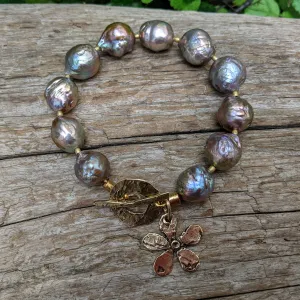 Big Gold Bronze Edison Pearl Flower & Toggle Bracelet