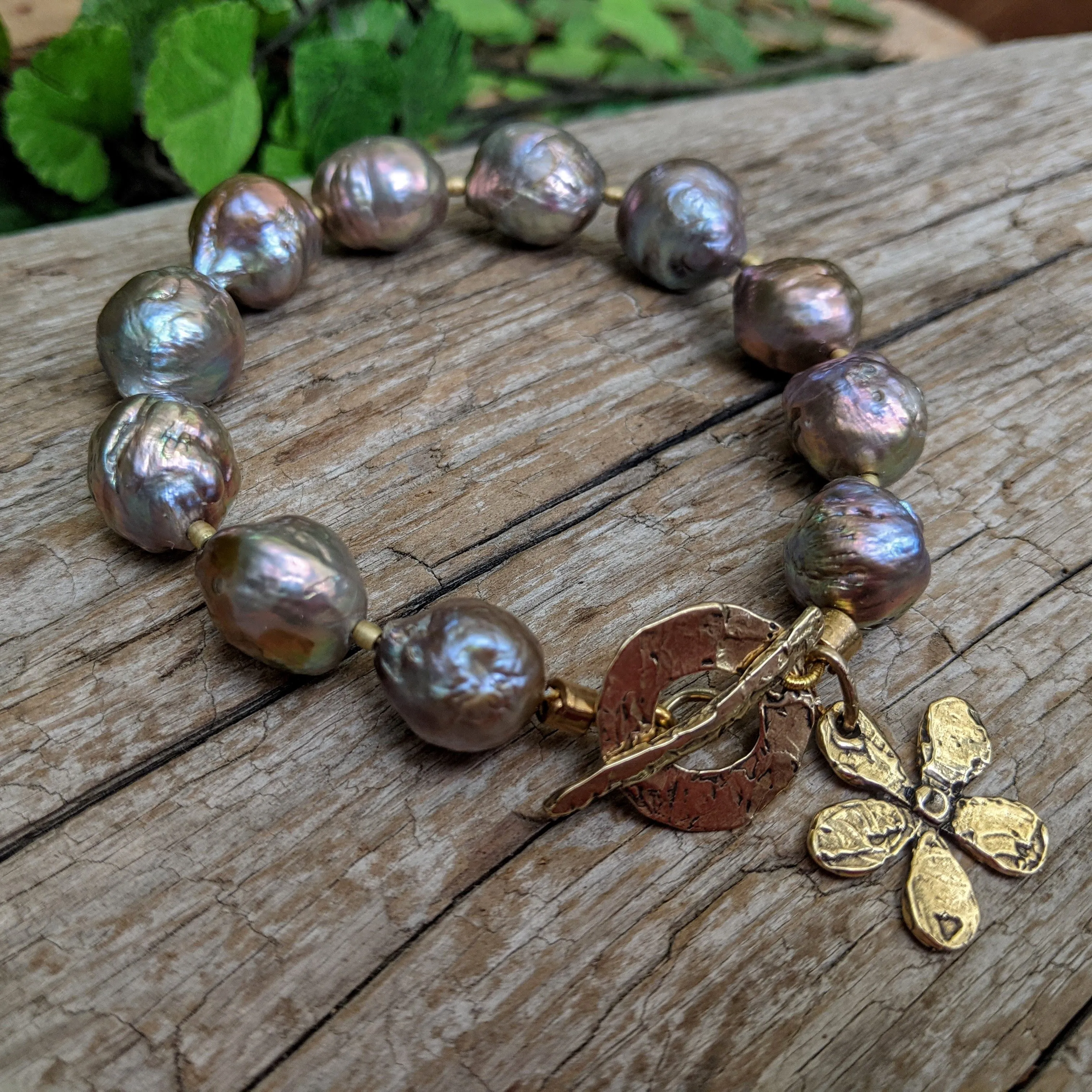 Big Gold Bronze Edison Pearl Flower & Toggle Bracelet