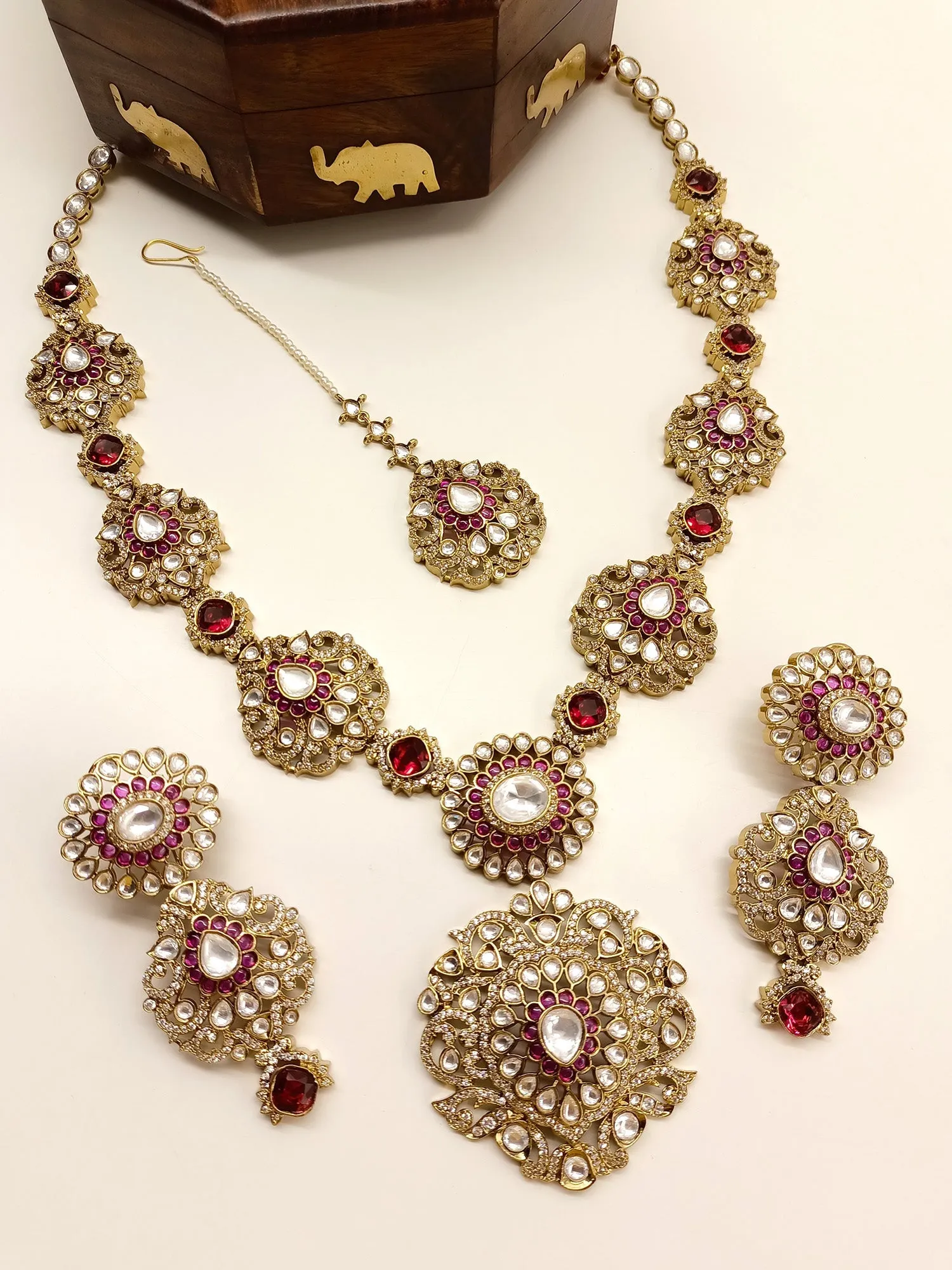 Bishakha Ruby Kundan Polki long Necklace Set