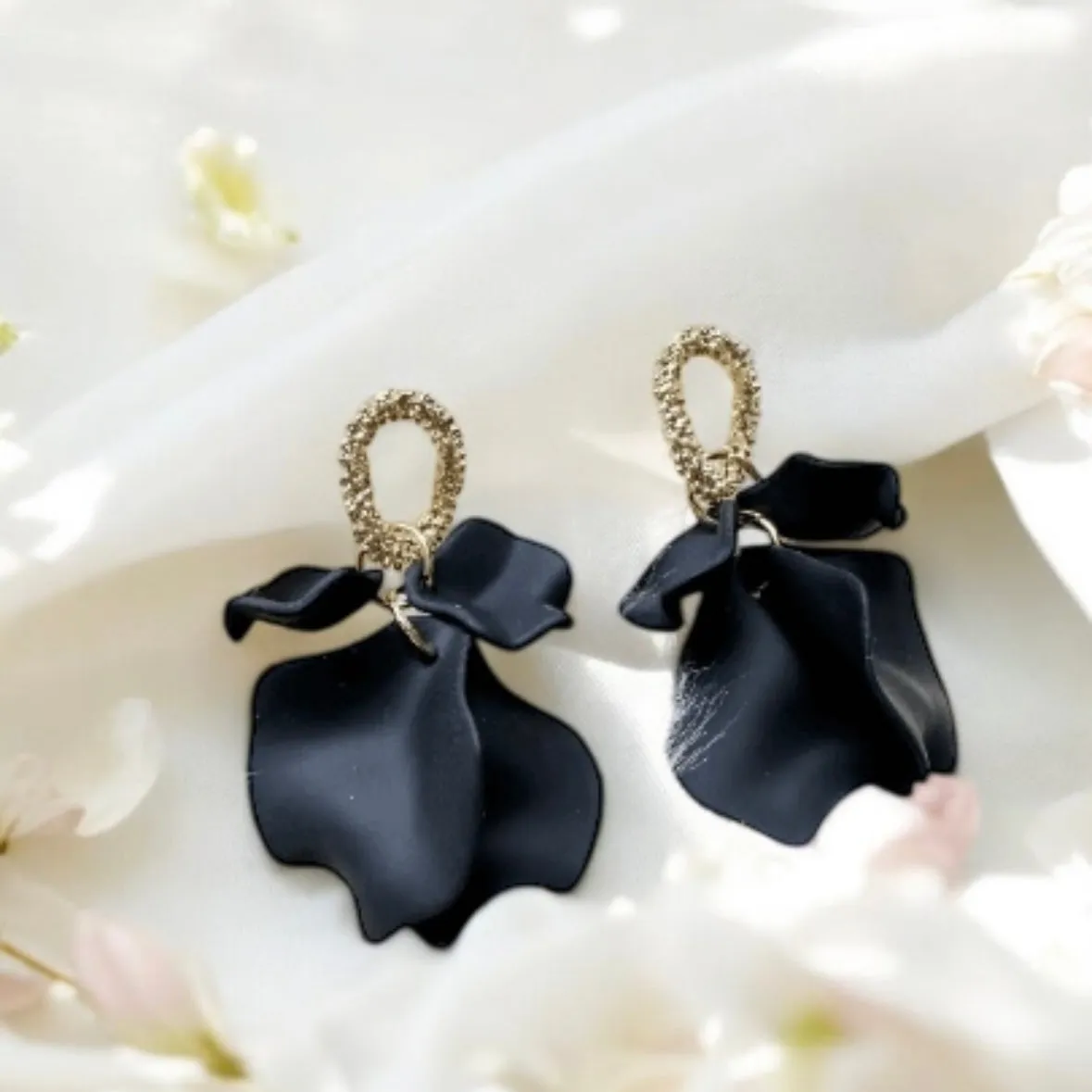 Black - flowers earrings | frosted petals hoop earrings | statement earrings | golden wooden branches floral bridal earrings