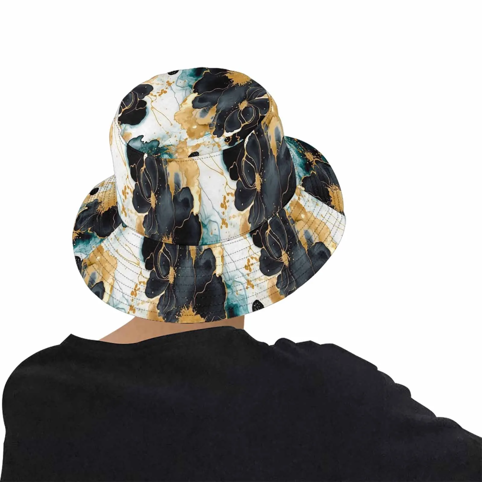 Black Gold & Green Ink Floral  Unisex Summer Single-Layer Bucket Hat