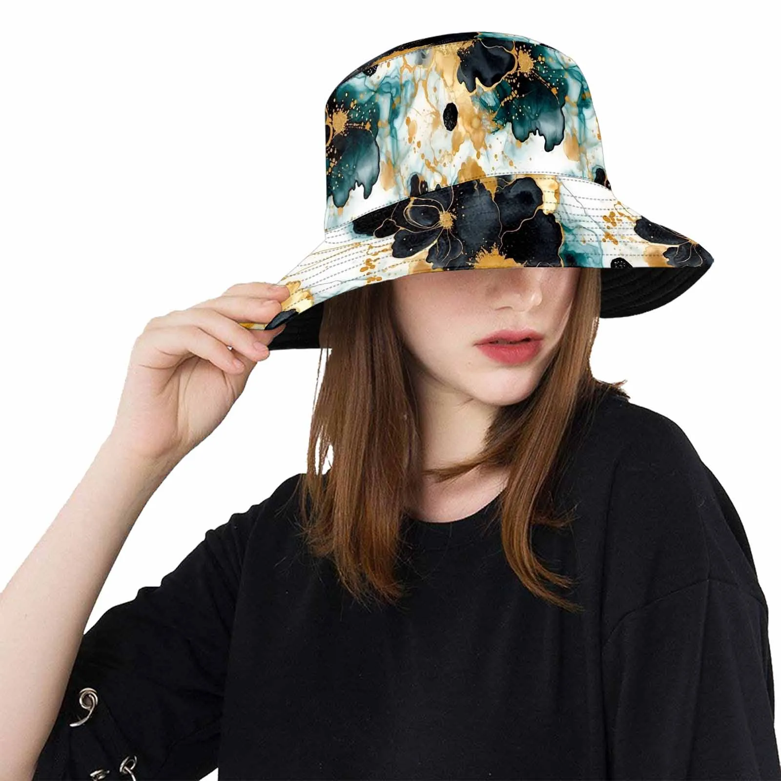 Black Gold & Green Ink Floral  Unisex Summer Single-Layer Bucket Hat