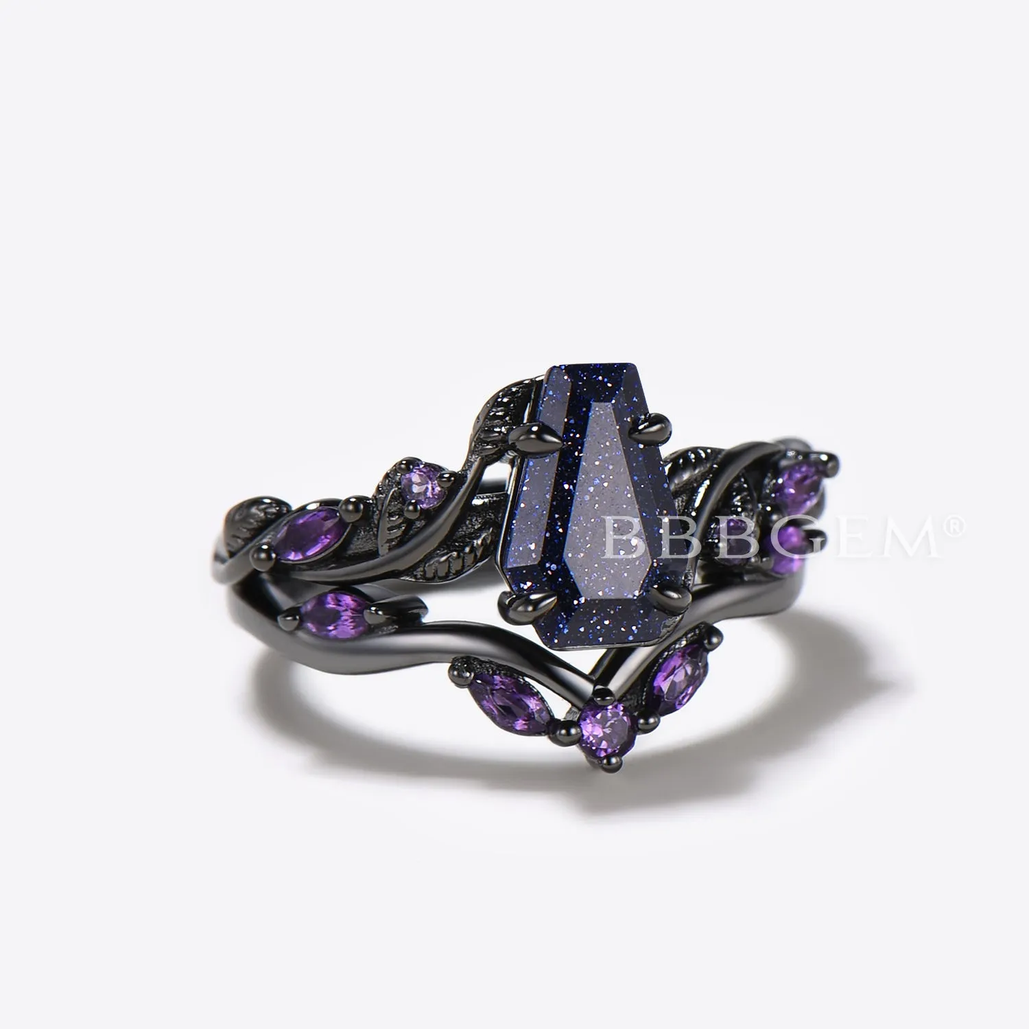 Black Gold Coffin Blue Sandstone Ring Leaf Amethyst Engagement Ring