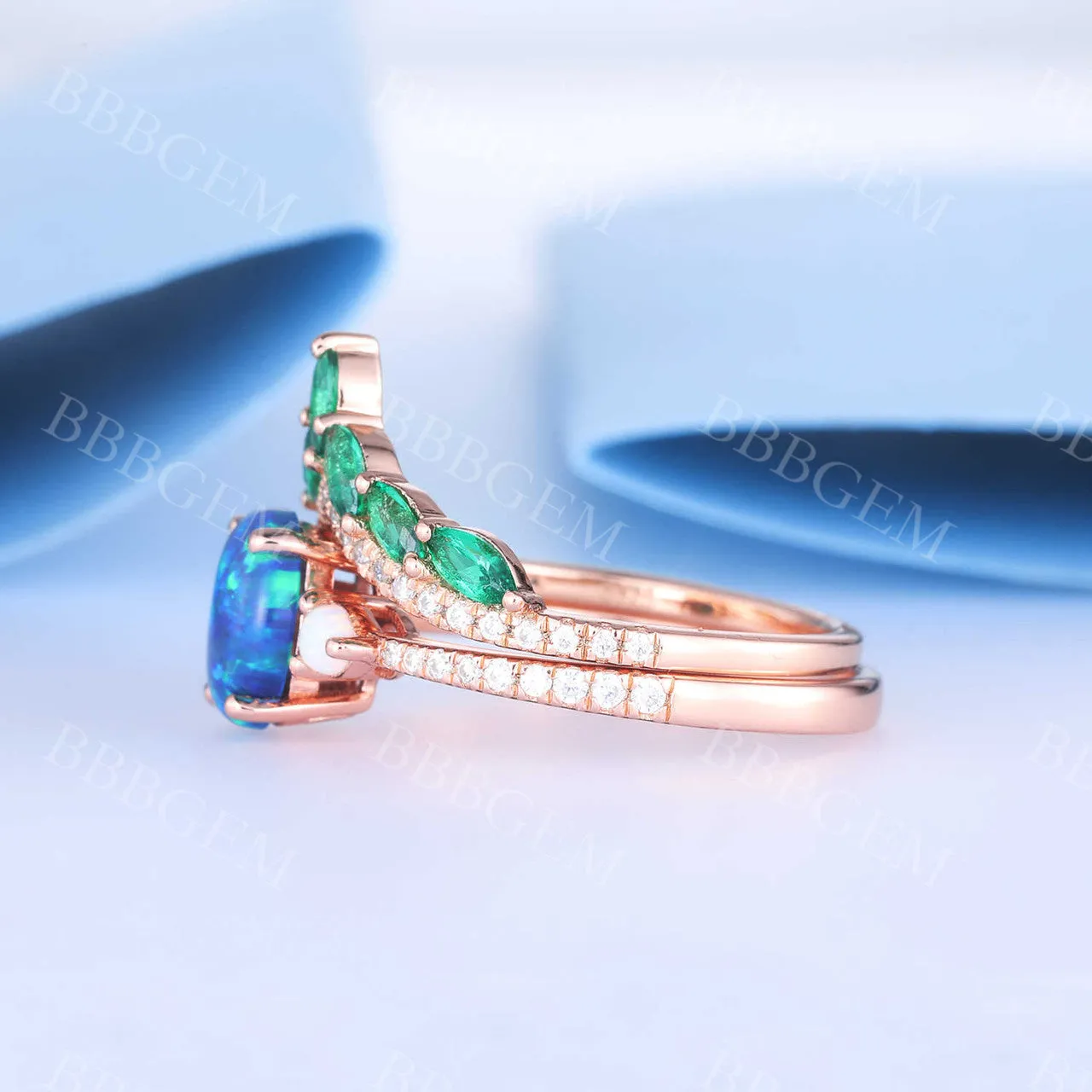 Black Opal Engagement Ring Set Emerald Diamond Wedding Ring