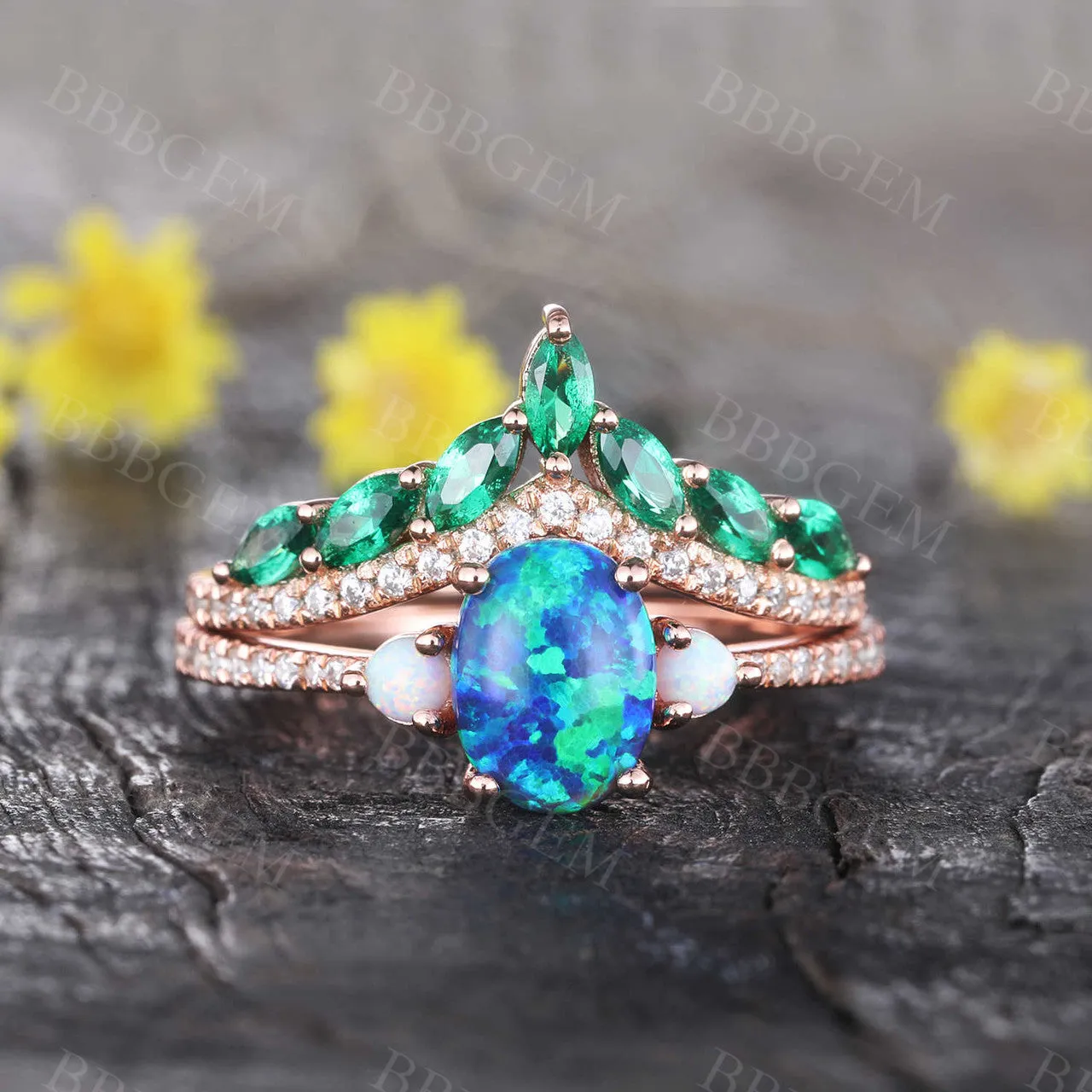 Black Opal Engagement Ring Set Emerald Diamond Wedding Ring