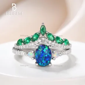 Black Opal Engagement Ring Set Emerald Diamond Wedding Ring