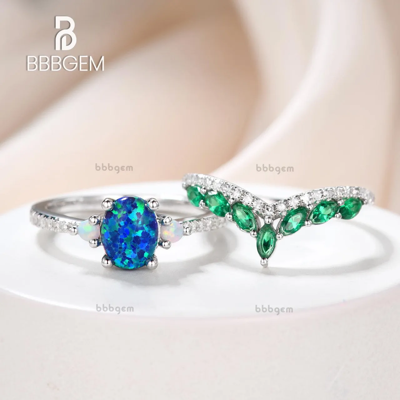 Black Opal Engagement Ring Set Emerald Diamond Wedding Ring