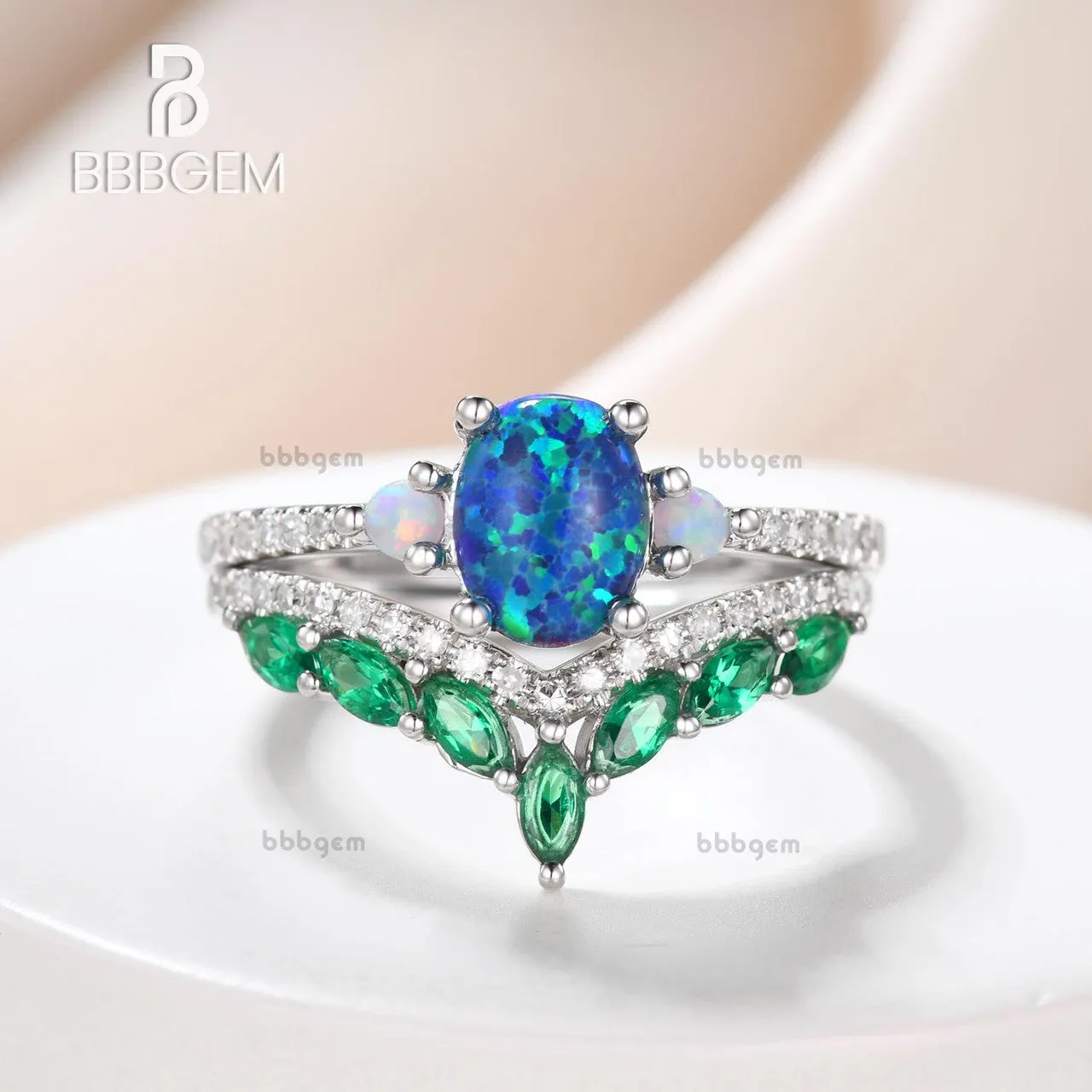 Black Opal Engagement Ring Set Emerald Diamond Wedding Ring