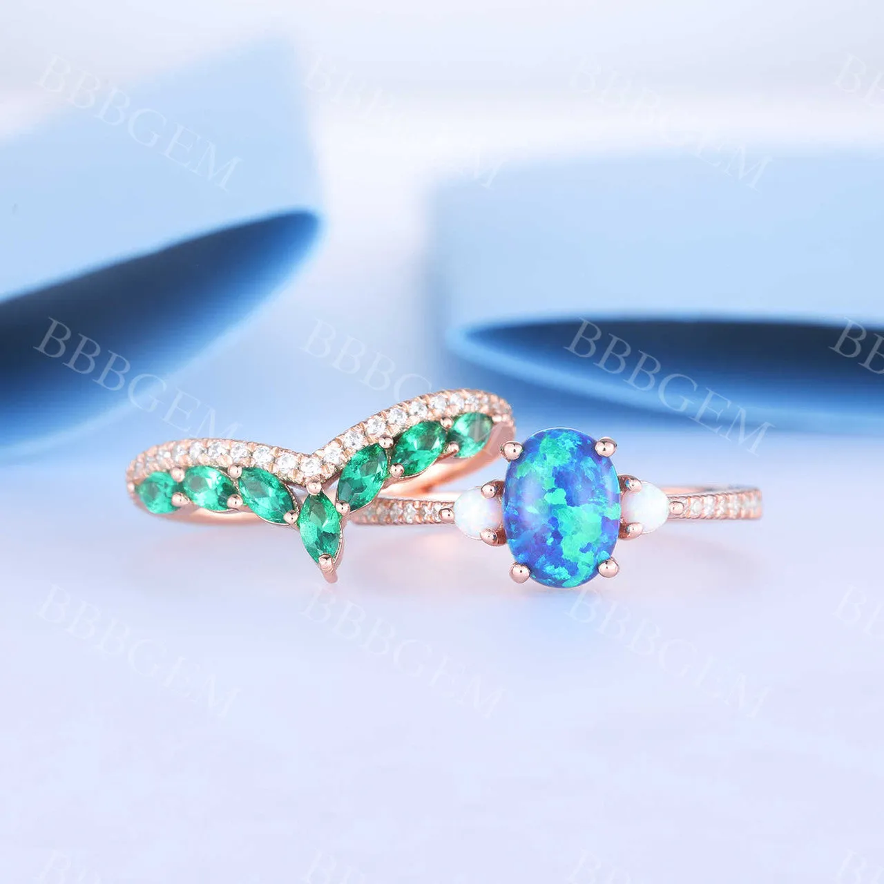 Black Opal Engagement Ring Set Emerald Diamond Wedding Ring