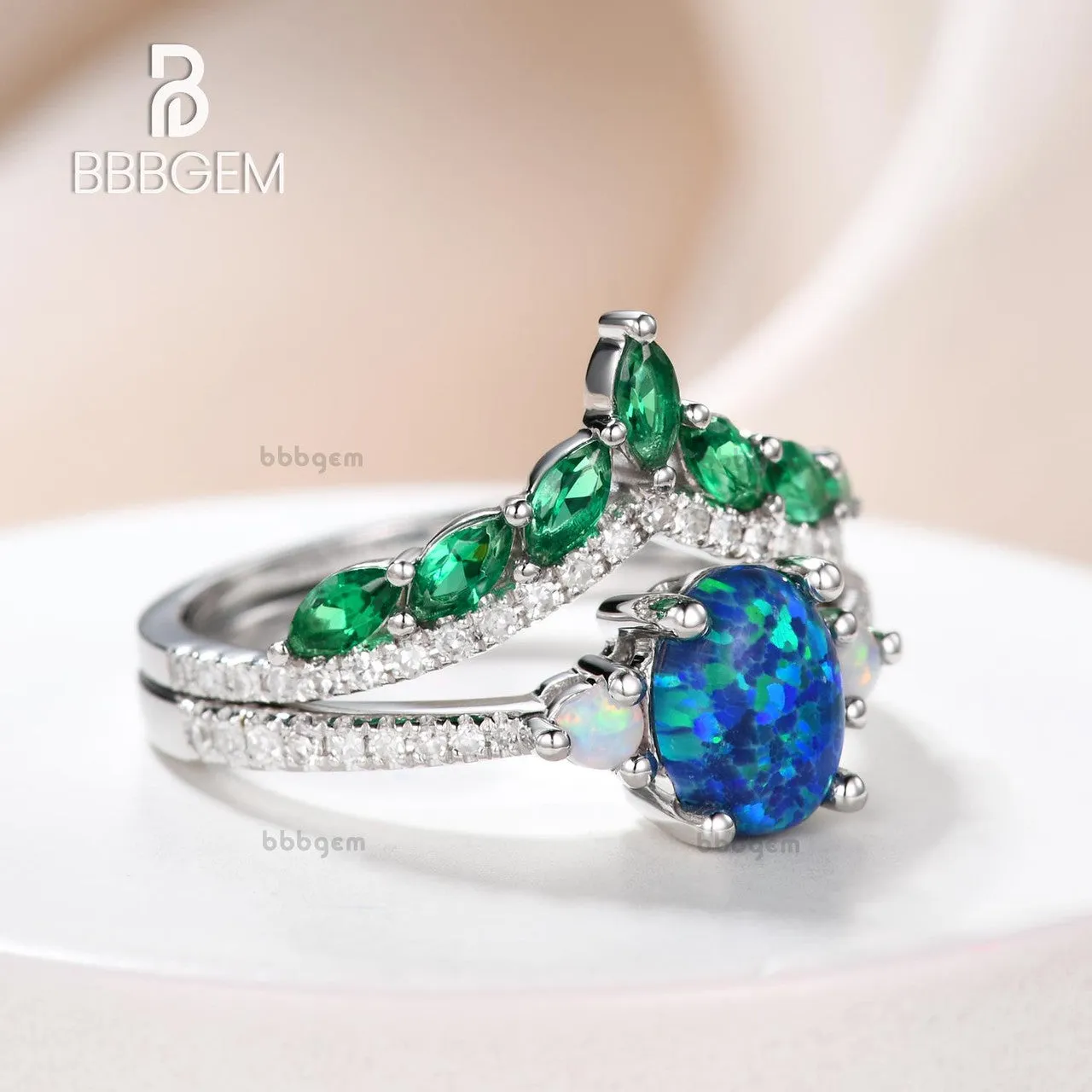 Black Opal Engagement Ring Set Emerald Diamond Wedding Ring