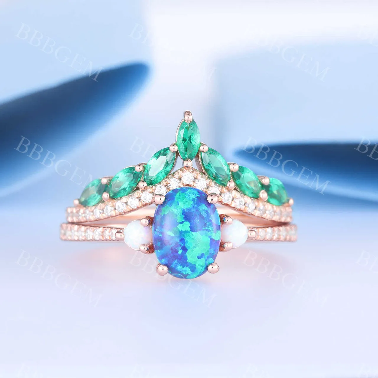 Black Opal Engagement Ring Set Emerald Diamond Wedding Ring