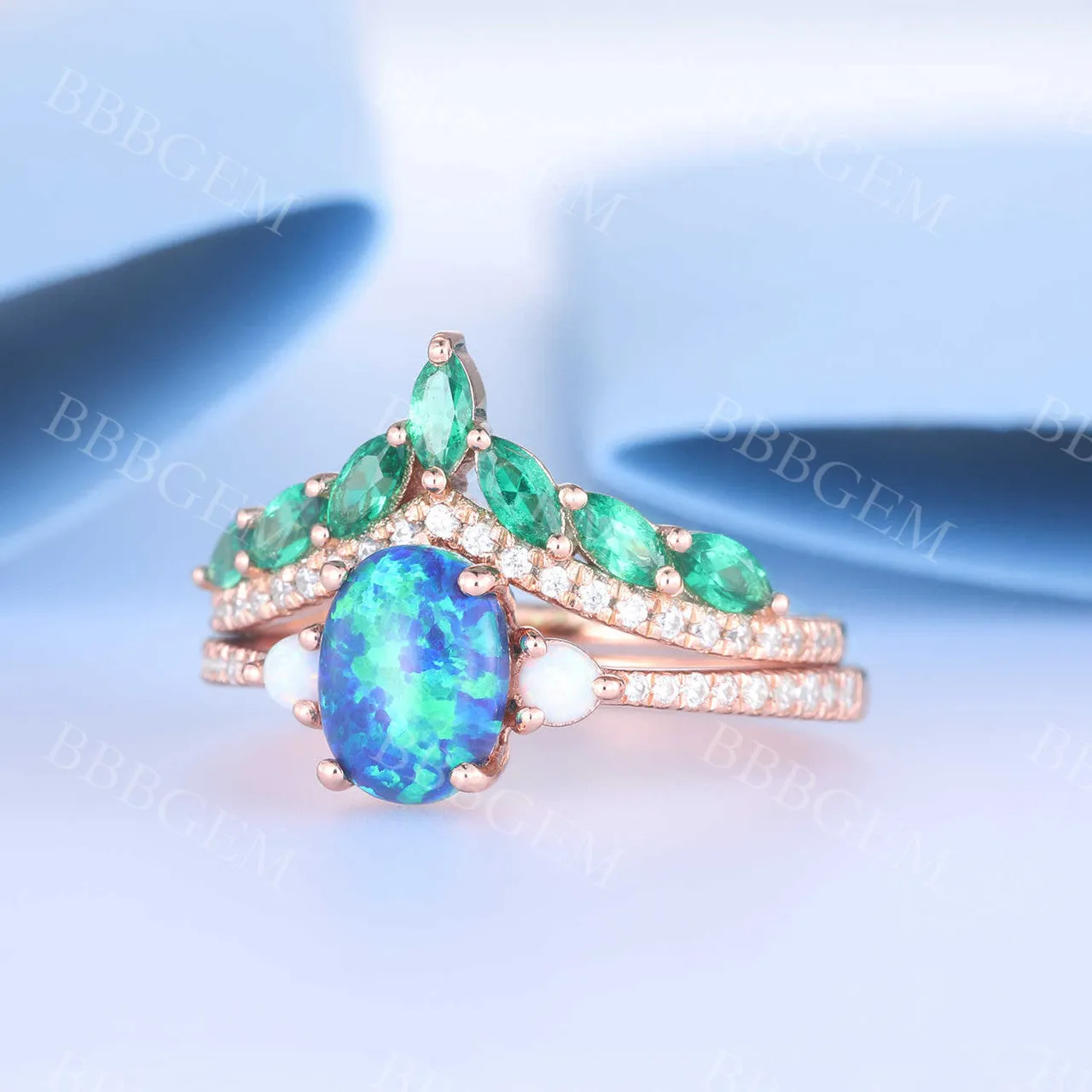 Black Opal Engagement Ring Set Emerald Diamond Wedding Ring