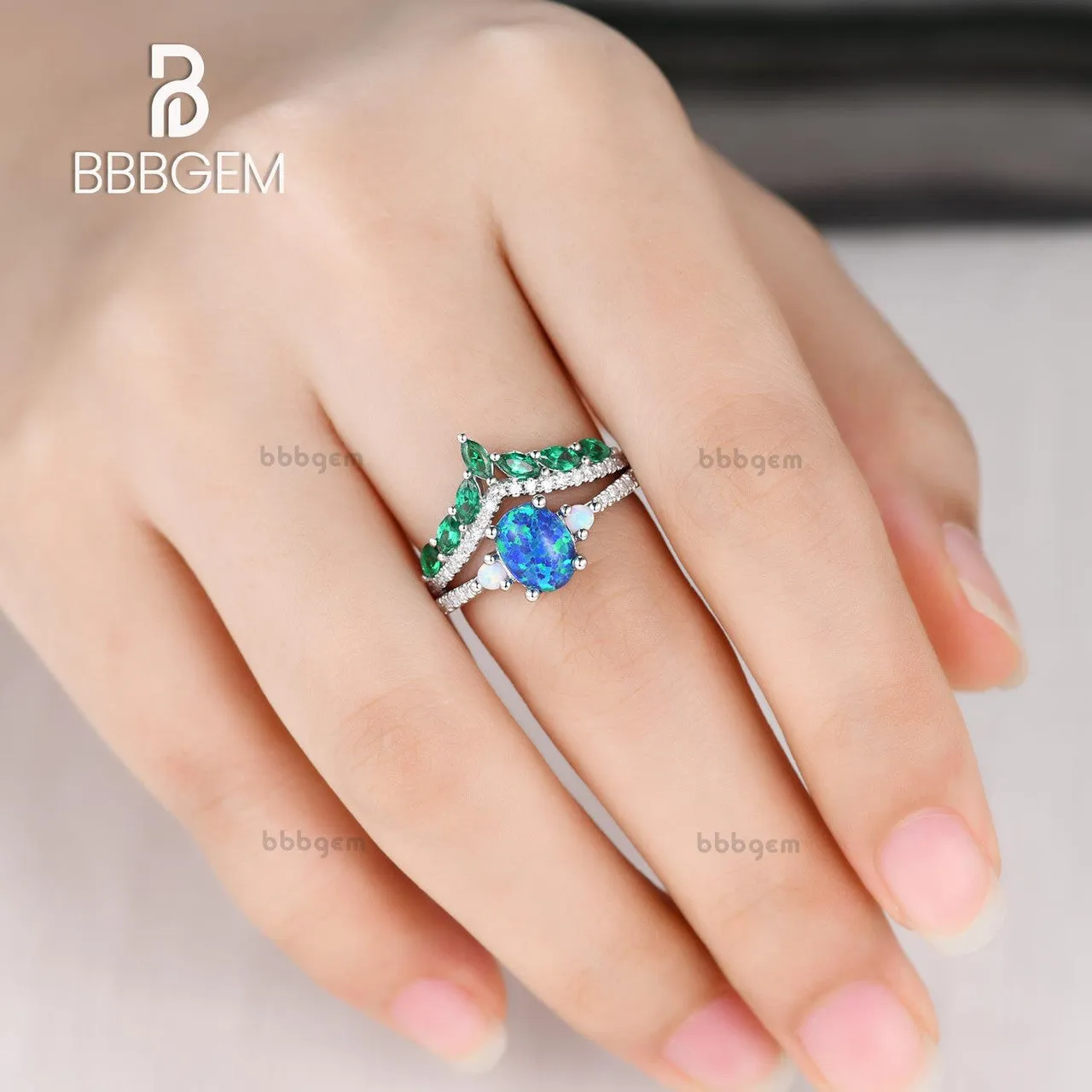 Black Opal Engagement Ring Set Emerald Diamond Wedding Ring