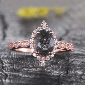 Black Rutilated Quartz Engagement Ring Rose Gold Vintage Diamond Wedding Ring