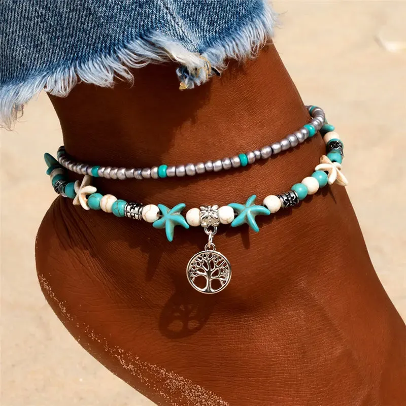 Boho Turquoise Beachy Beads Seashells Charm Anklet.