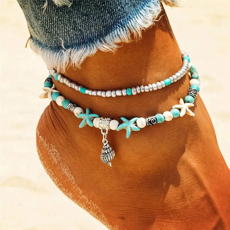 Boho Turquoise Beachy Beads Seashells Charm Anklet.