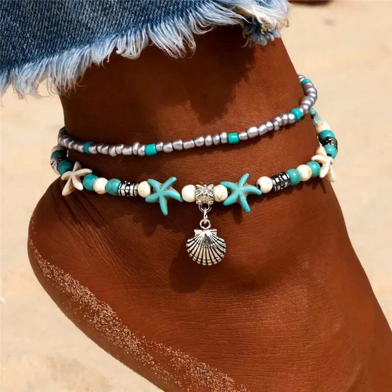 Boho Turquoise Beachy Beads Seashells Charm Anklet.