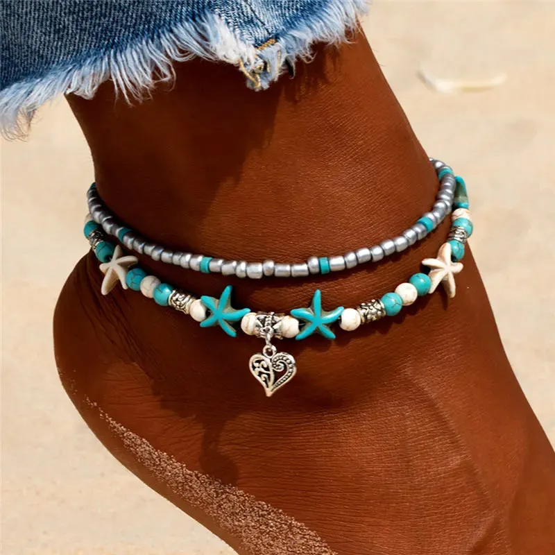 Boho Turquoise Beachy Beads Seashells Charm Anklet.