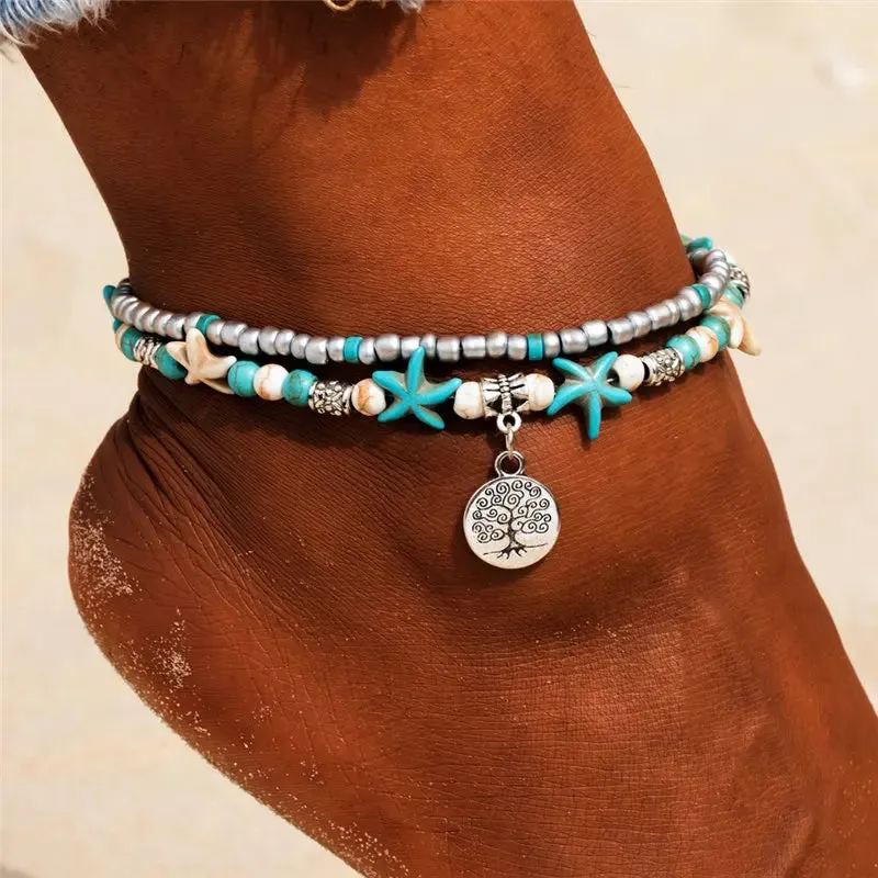 Boho Turquoise Beachy Beads Seashells Charm Anklet.