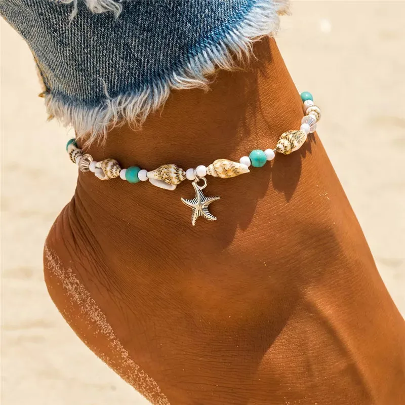 Boho Turquoise Beachy Beads Seashells Charm Anklet.