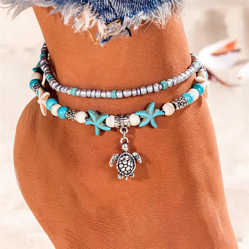 Boho Turquoise Beachy Beads Seashells Charm Anklet.