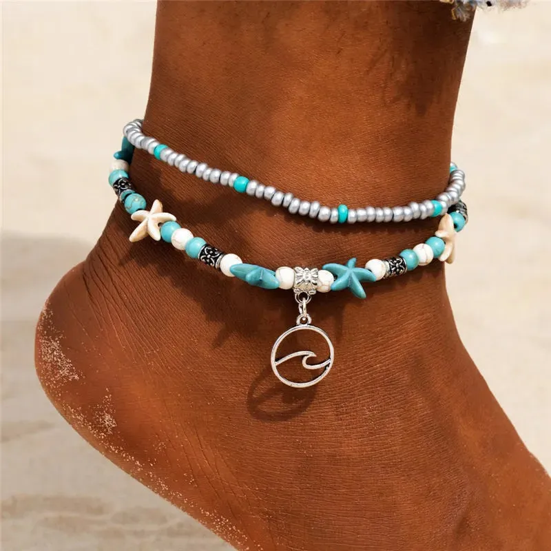 Boho Turquoise Beachy Beads Seashells Charm Anklet.