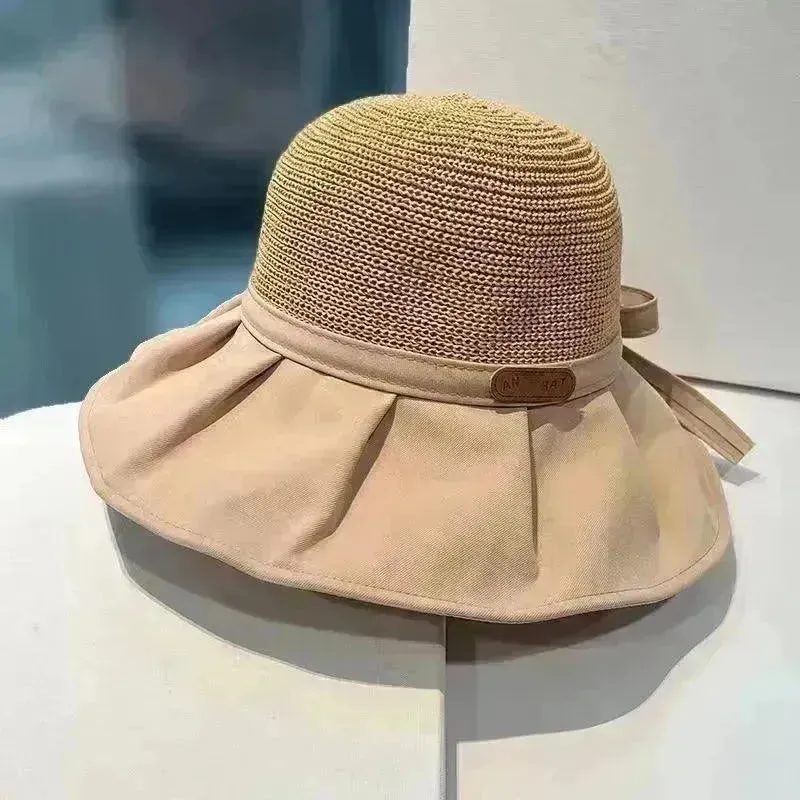 Bow Fisherman Hat Summer Straw Sunhat With Large Brim Anti-UV Sunshade And Face Protection Hat Outdoor