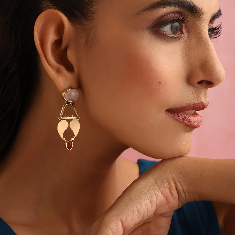 Brass Dangler Earrings for Women | Pink Stone