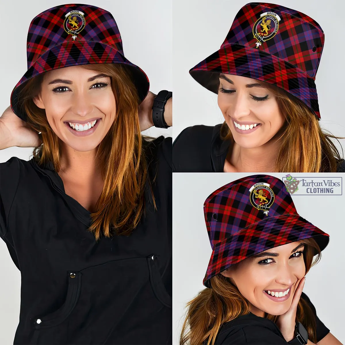 Broun Modern Tartan Bucket Hat with Family Crest