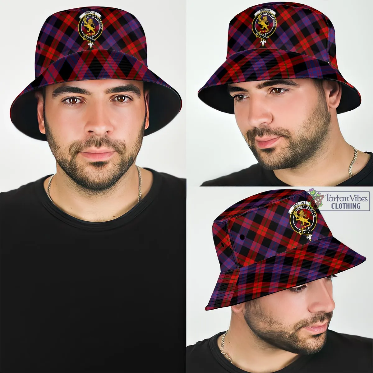 Broun Modern Tartan Bucket Hat with Family Crest