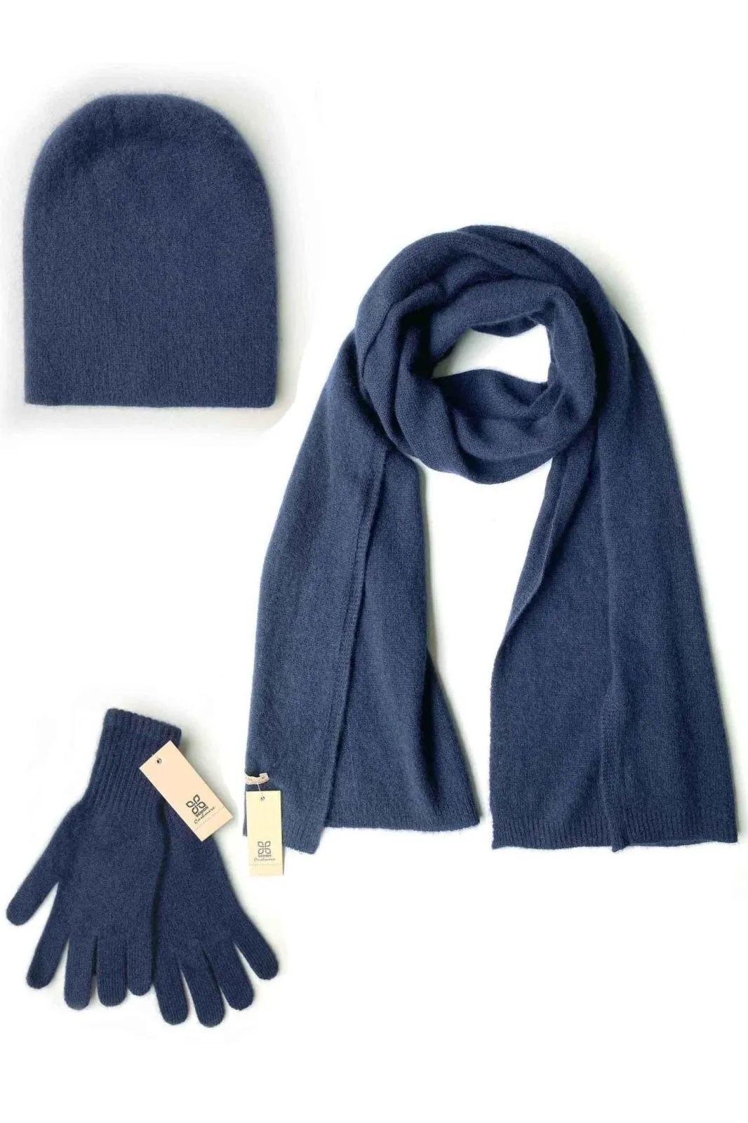 Cashmere hat, scarf and gloves set in navy blue