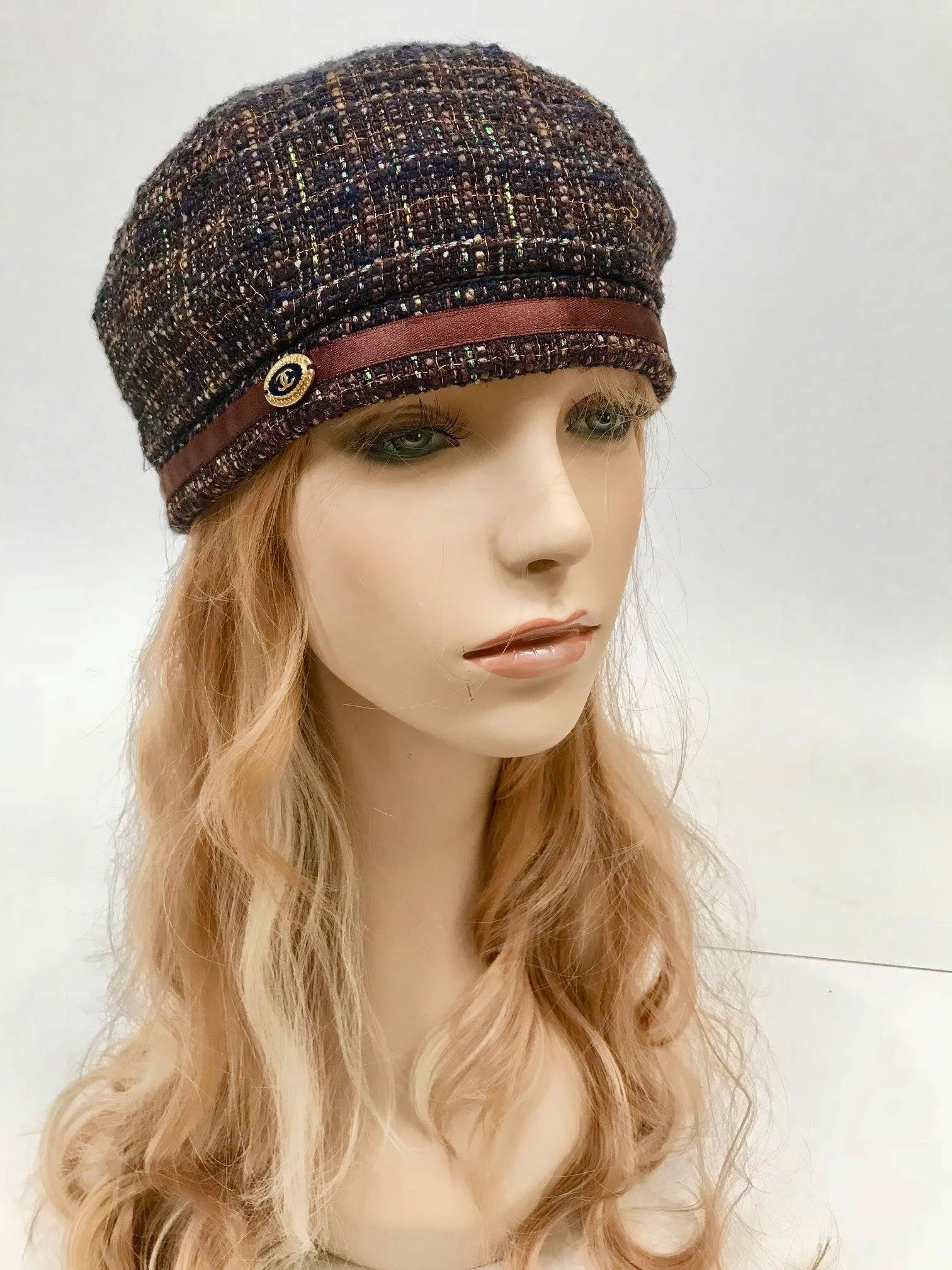 Chanel Fantasy Tweed Brown Multicolor Beret Hat Sz 57