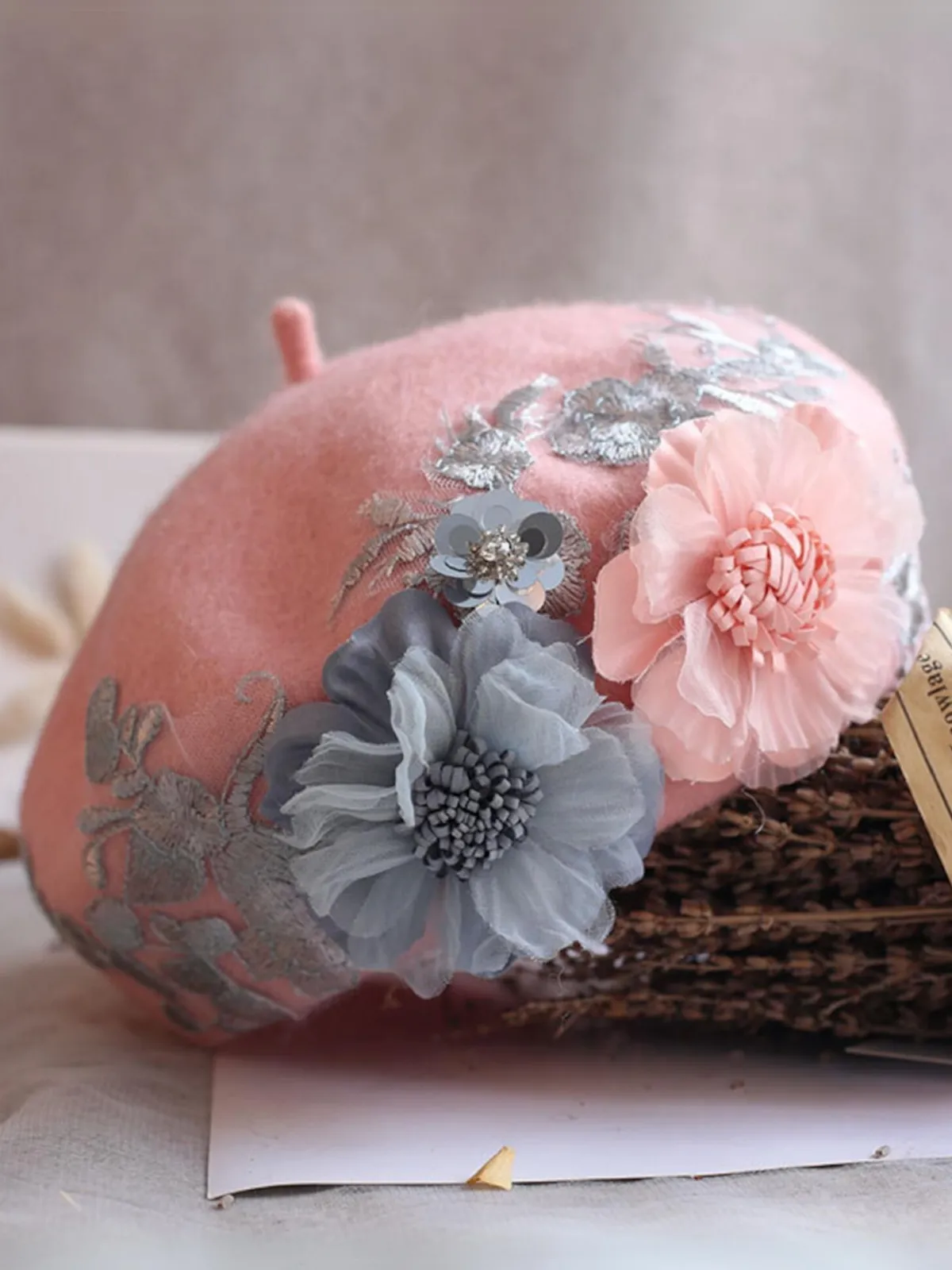 Chic Embroidered Cozy and Elegant Fall Flower Wool Beret