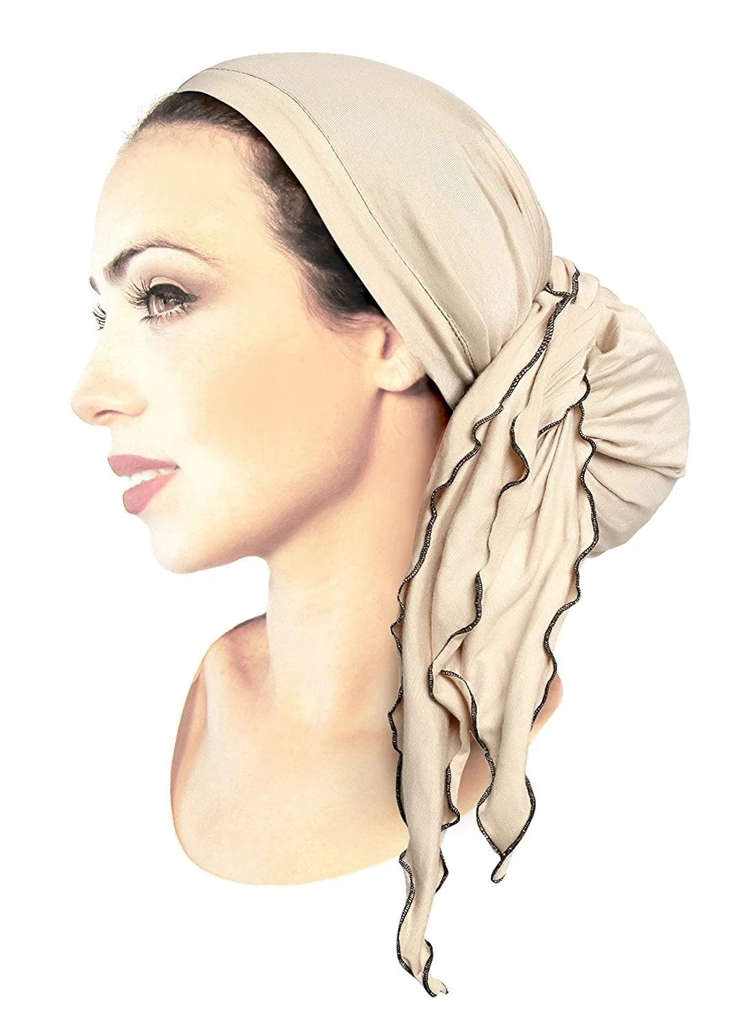 Cream Pre-Tied Headcovering Head-scarf Tichel Boho Chic ShariRose Decorative Over-Lock Collection (Cream black long)