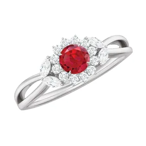 Created Ruby and Moissanite Flower Engagement Ring in Split Shank