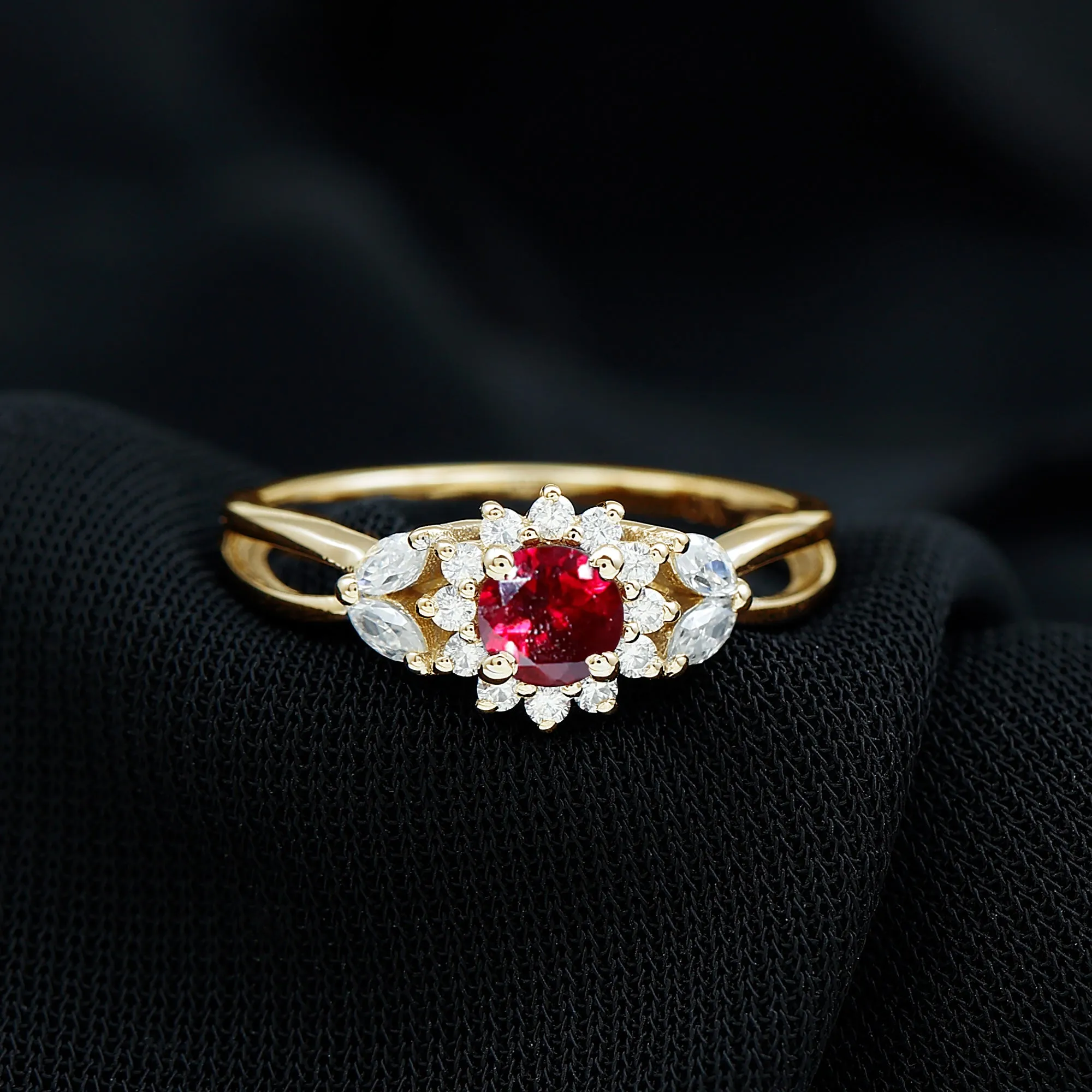 Created Ruby and Moissanite Flower Engagement Ring in Split Shank