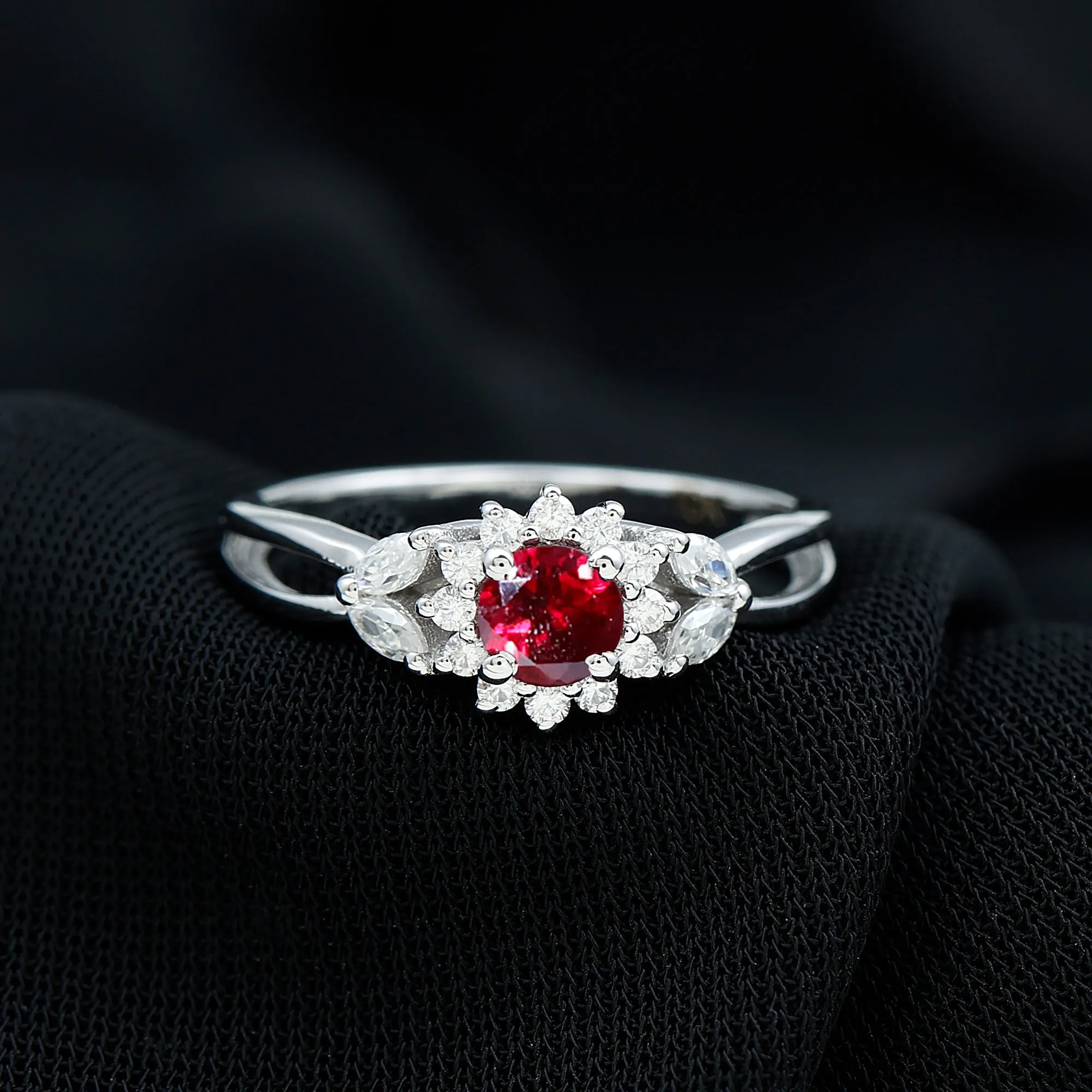 Created Ruby and Moissanite Flower Engagement Ring in Split Shank