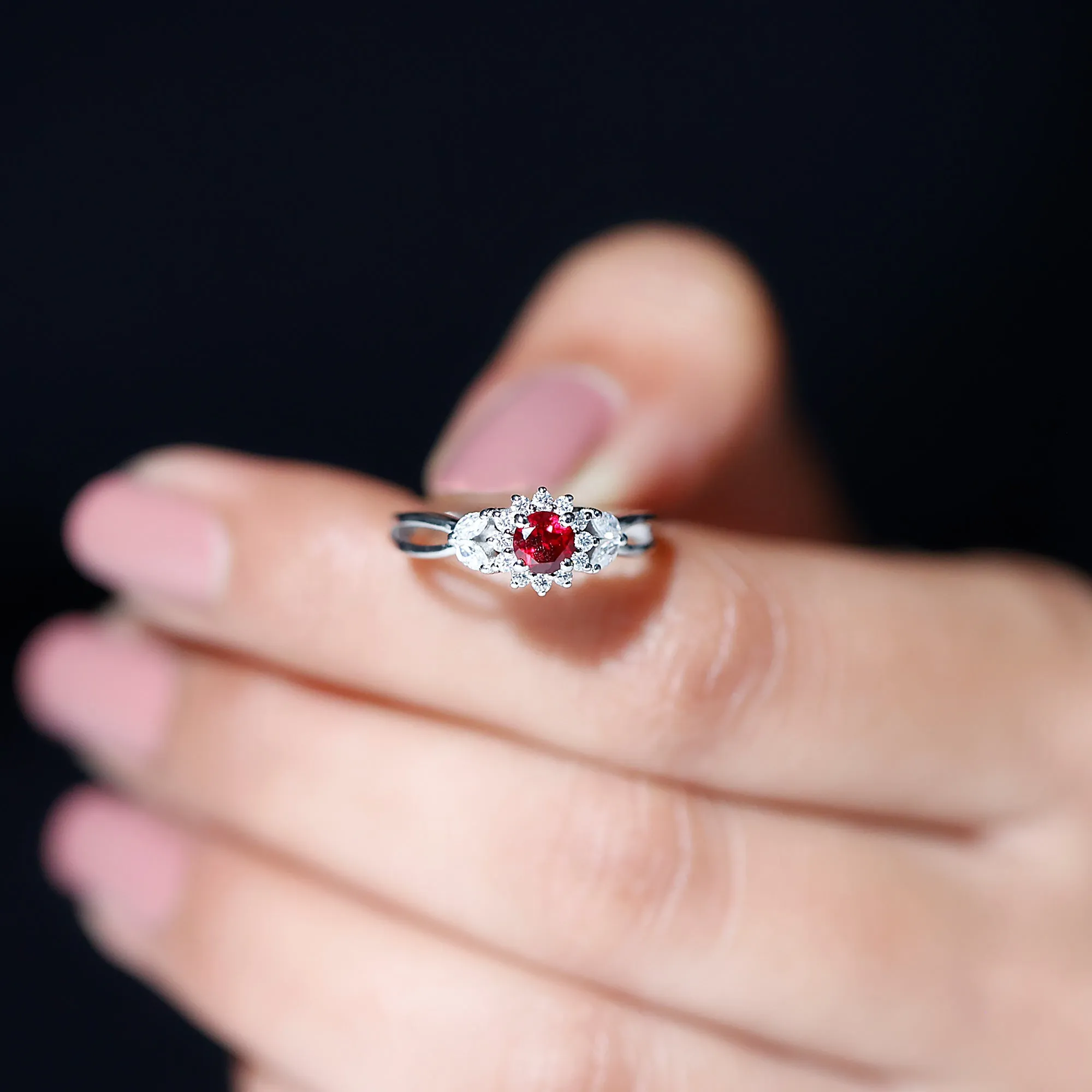 Created Ruby and Moissanite Flower Engagement Ring in Split Shank