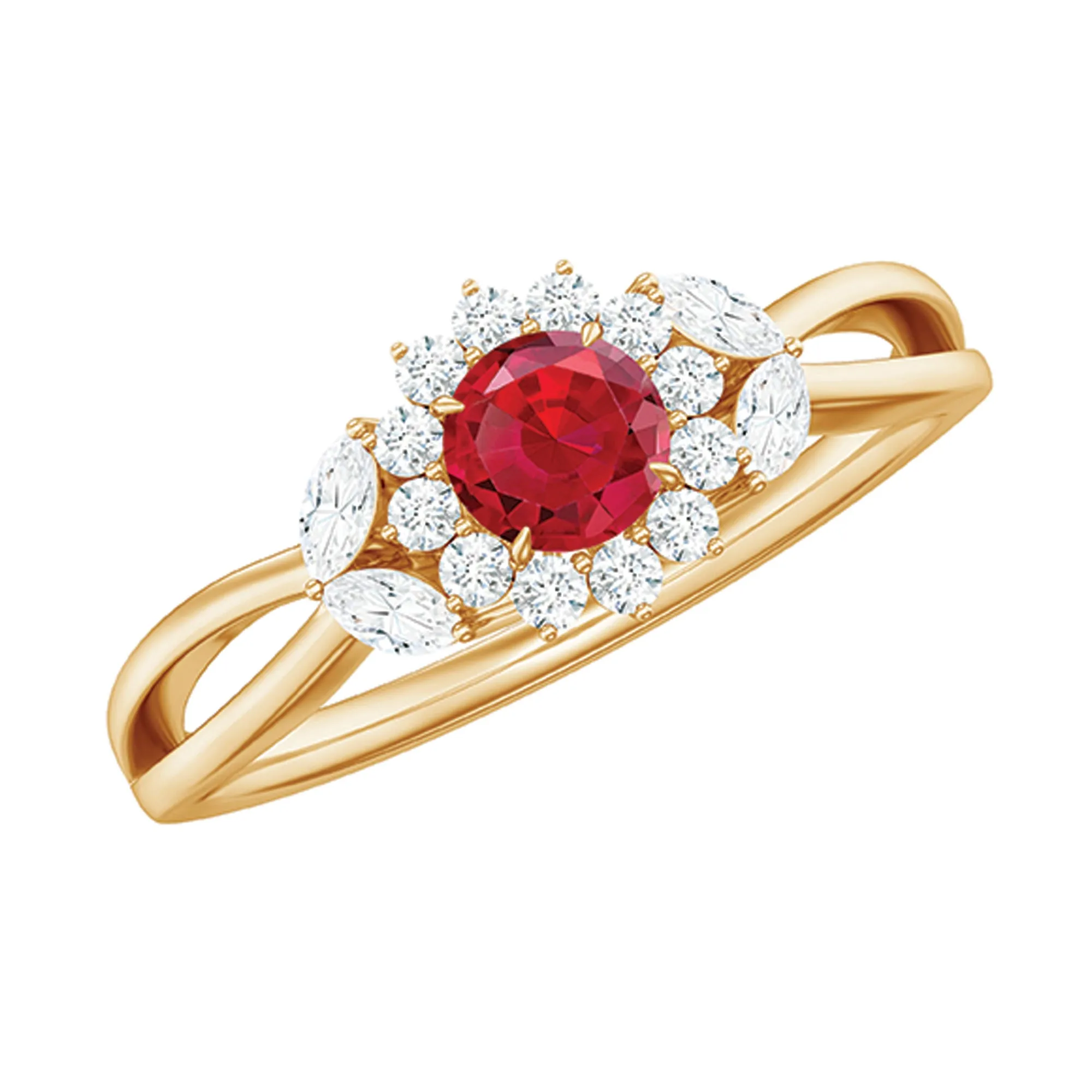 Created Ruby and Moissanite Flower Engagement Ring in Split Shank